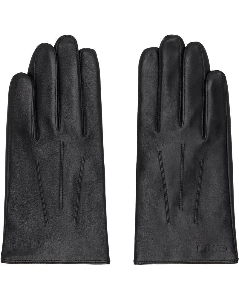 HUGO BOSS Black Wool-Blend Lining Leather Gloves 001-black