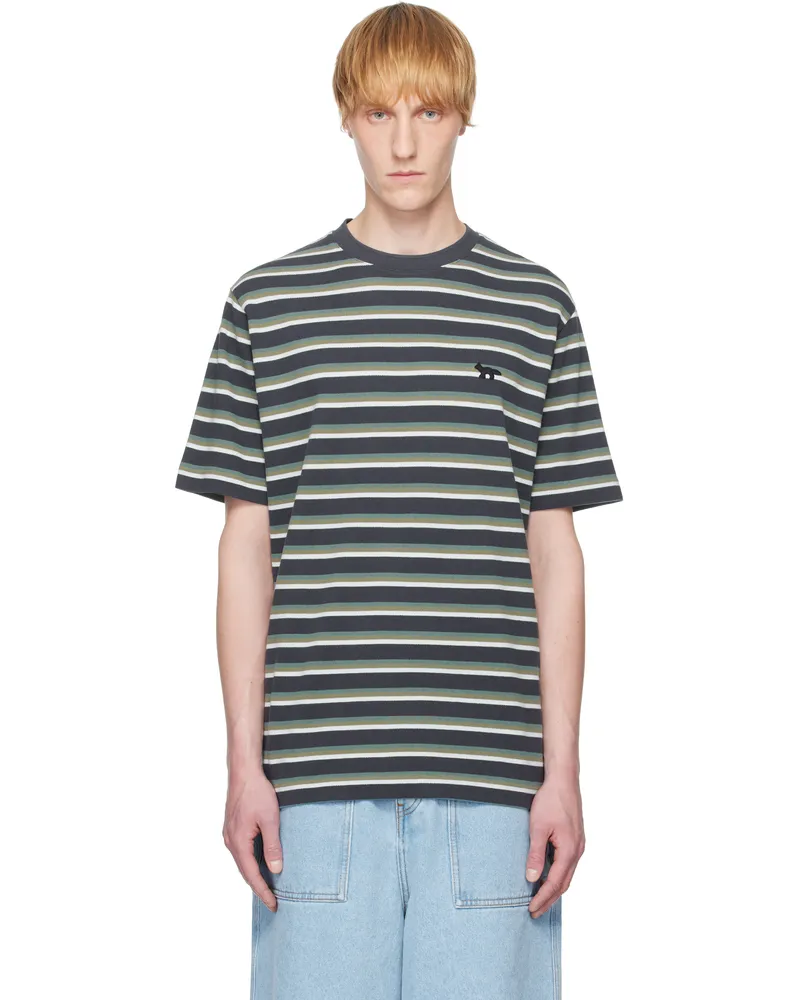 Kitsuné Navy & Green Profile Fox Patch Striped Comfort T-shirt 0288