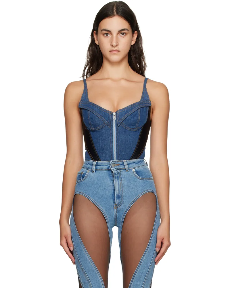Thierry Mugler Blue & Black Paneled Denim Bodysuit 3074