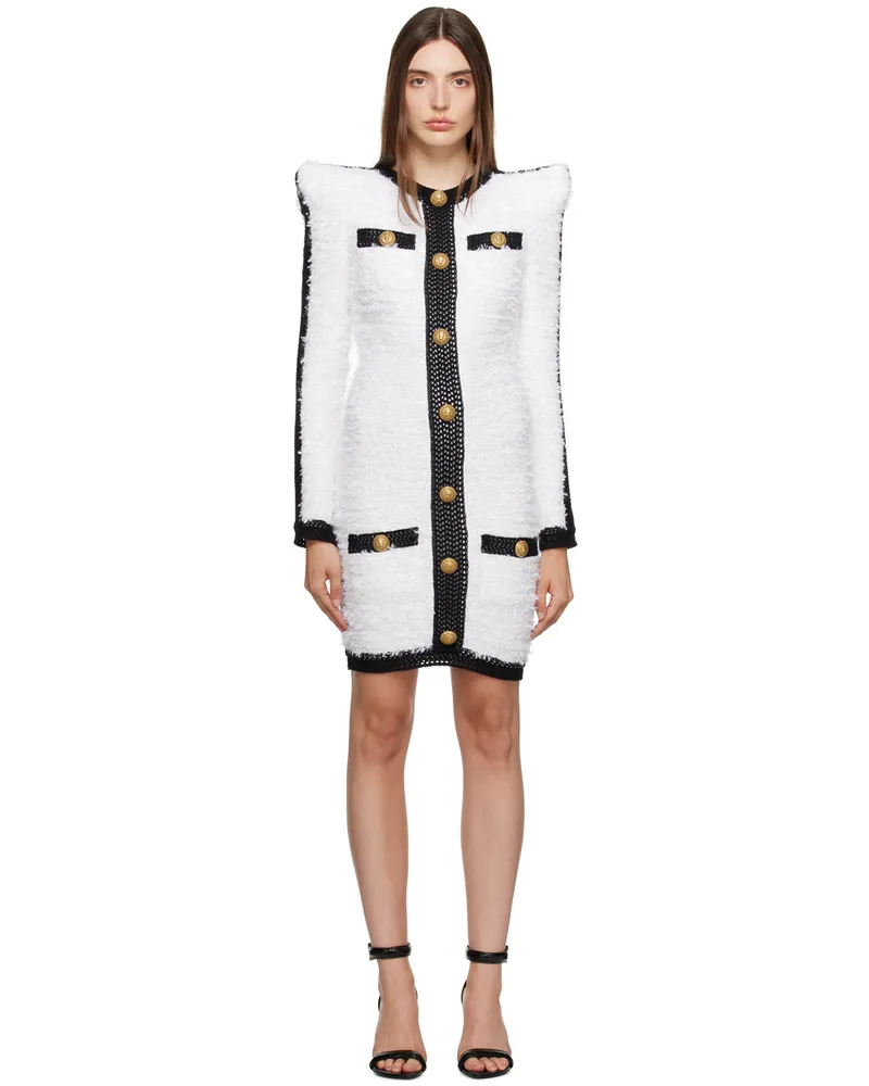 Balmain White & Black Pointed Shoulder Minidress Gab