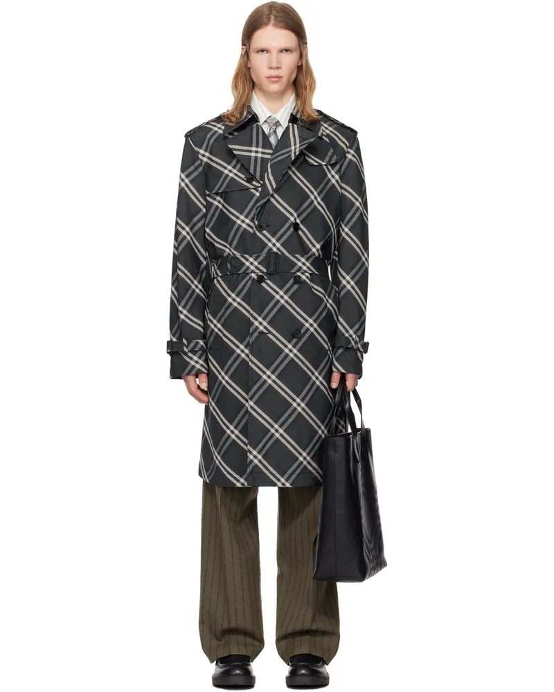 Burberry Navy Long Check Trench Coat Indigo