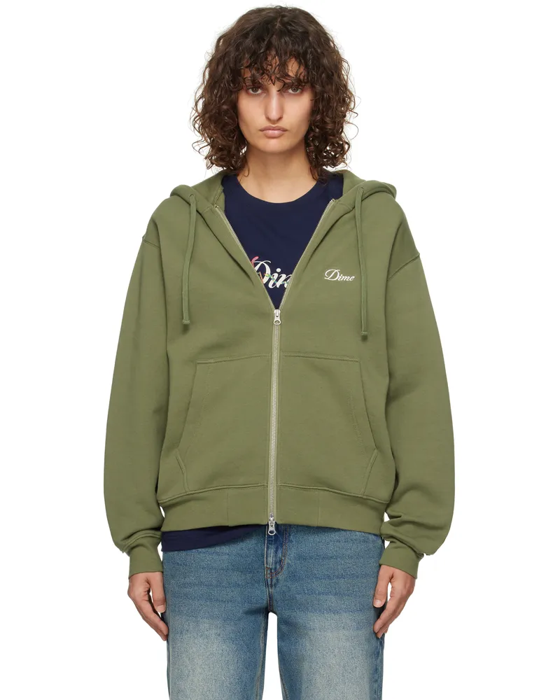 Dime Green Cursive Zip Hoodie Army