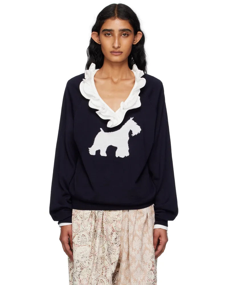 OPEN YY Navy Dog Graphic Knit Sweater Navy
