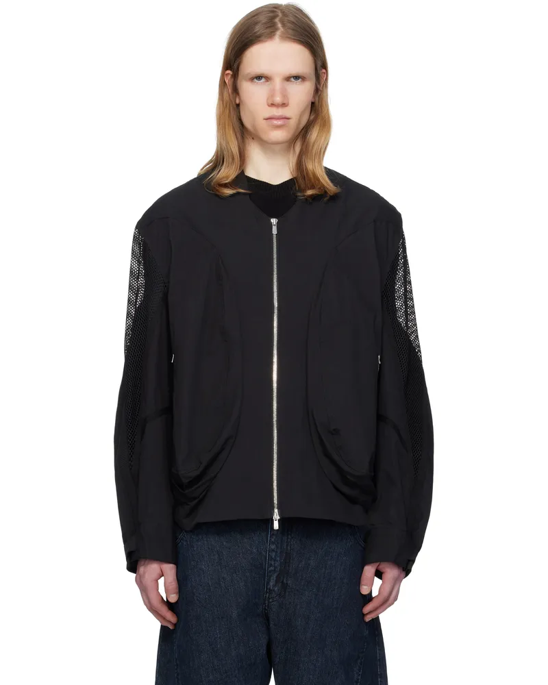 JiyongKim Black Draped Pocket Mesh Sleeve Bomber Jacket Black