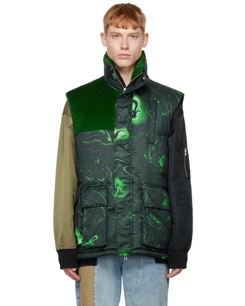 Feng Chen Wang Black & Green Graphic Down Vest Green