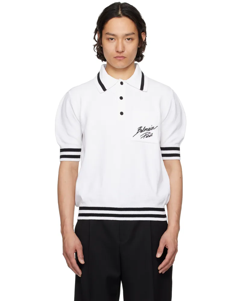 Balmain White Logo Cotton Knit Polo Gab