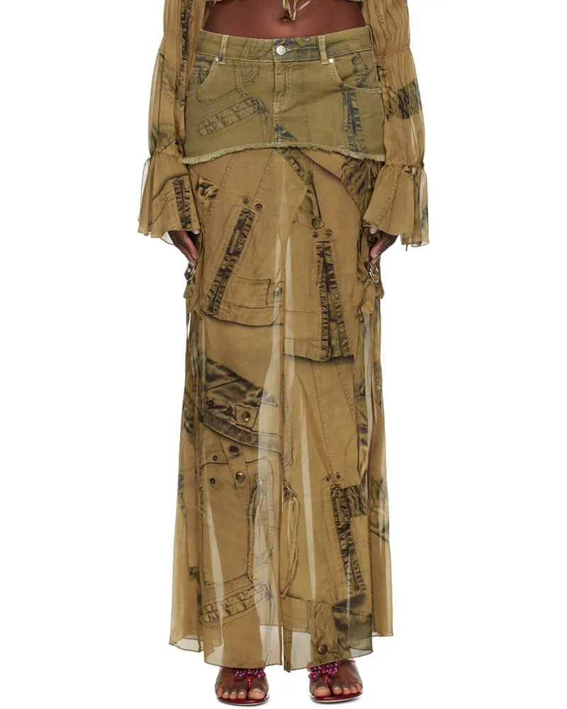 Blumarine Khaki Cargo Denim Maxi Skirt T5769