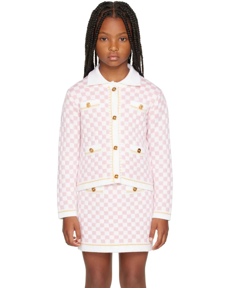 Versace Kids White & Pink Check Medusa Cardigan 2w970