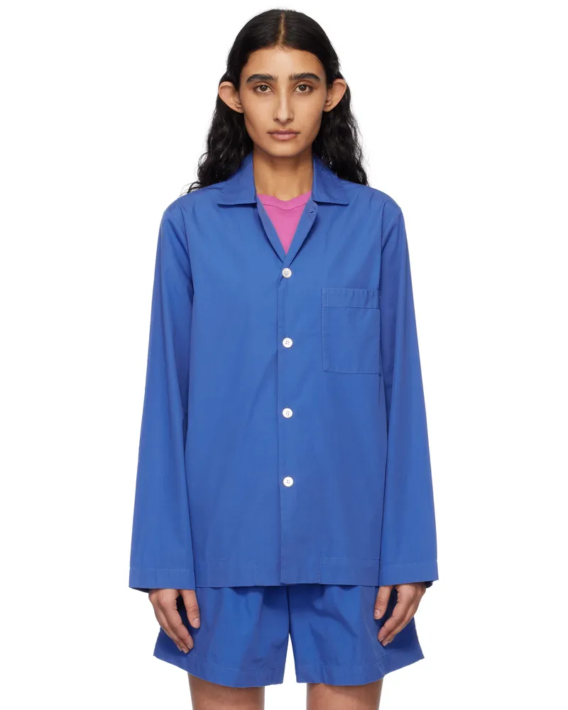 TEKLA Blue Poplin Long-Sleeved Pyjama Shirt Royal