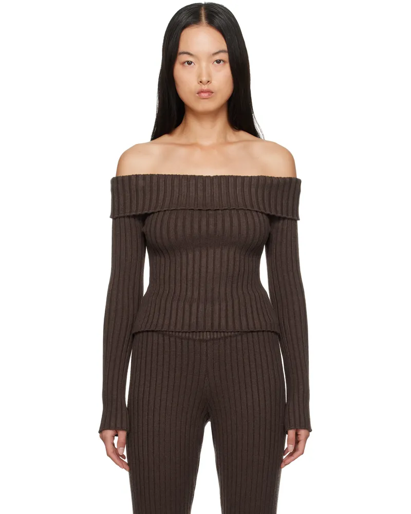 GUIZIO Brown Thalia Off Shoulder Sweater Chocloate