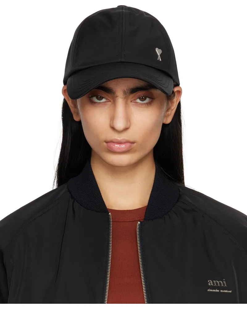 AMI Paris Black Twill Ami de Coeur Stud Cap Wool