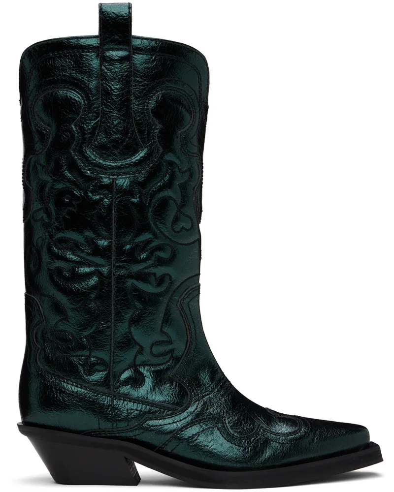 Ganni Green Metallic Mid Shaft Embroidered Western Boots 771