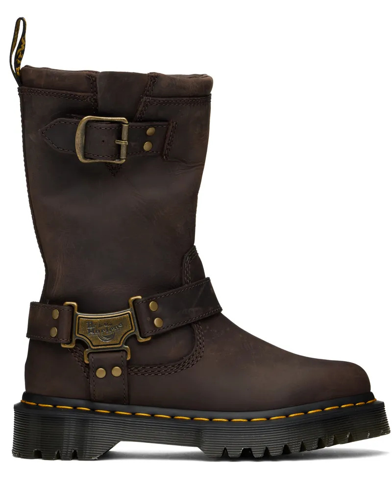 Dr.Martens Brown Anistone Hi Leather Biker Boots Dark
