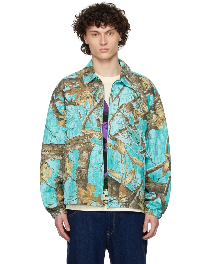 AWAKE NY Blue Frayed Script Coach Jacket Seaglass