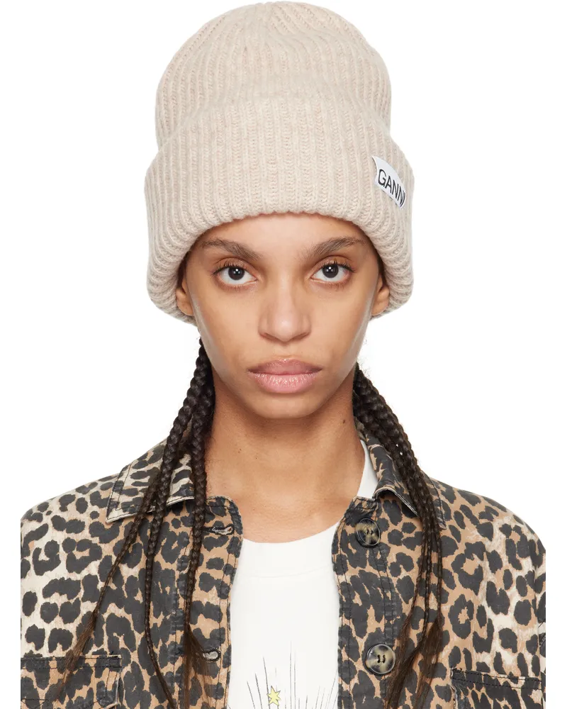 Ganni Beige Oversized Wool Rib Knit Beanie 196