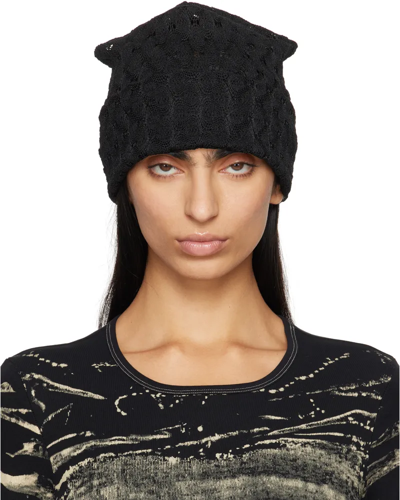 Anna Sui Black Crochet Knit Beanie Black