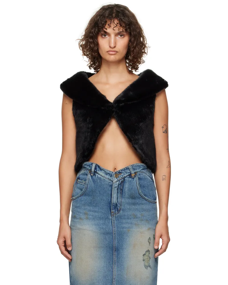 WE 11 DONE Black Cropped Faux-Fur Vest Black