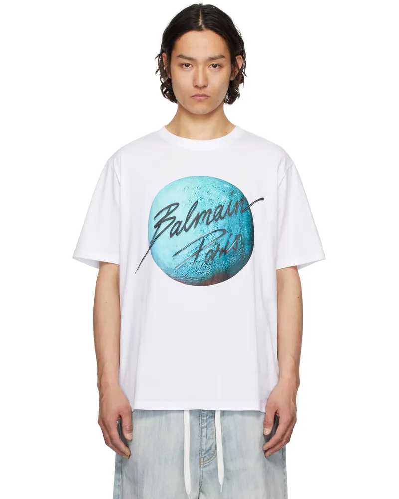 Balmain White Printed 'Balmain Paris' Logo & Planet T-shirt Gtt