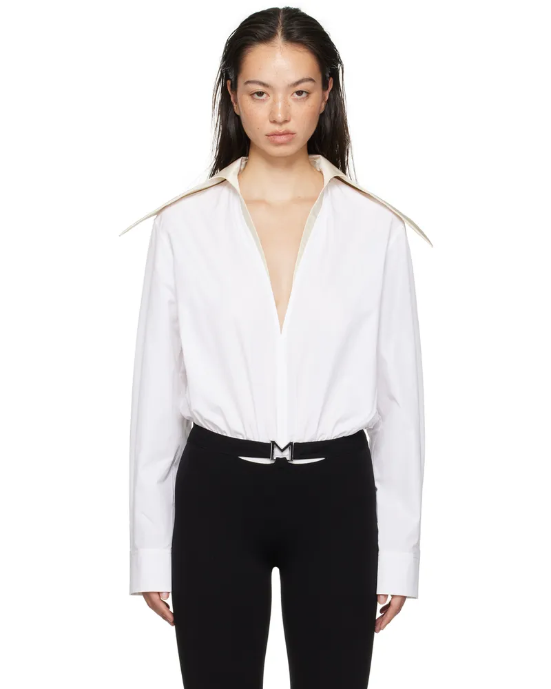 Thierry Mugler White Spiky Satin Collar Bodysuit B1043