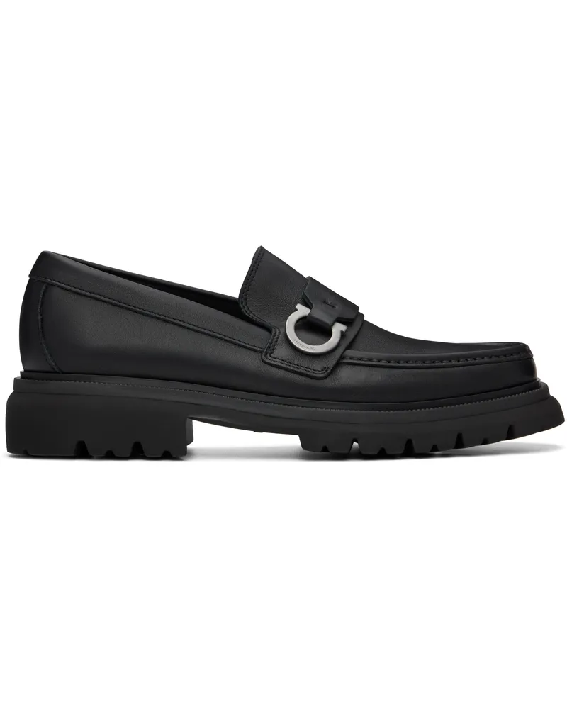 Ferragamo Black Gancini Ornament Loafers Nero