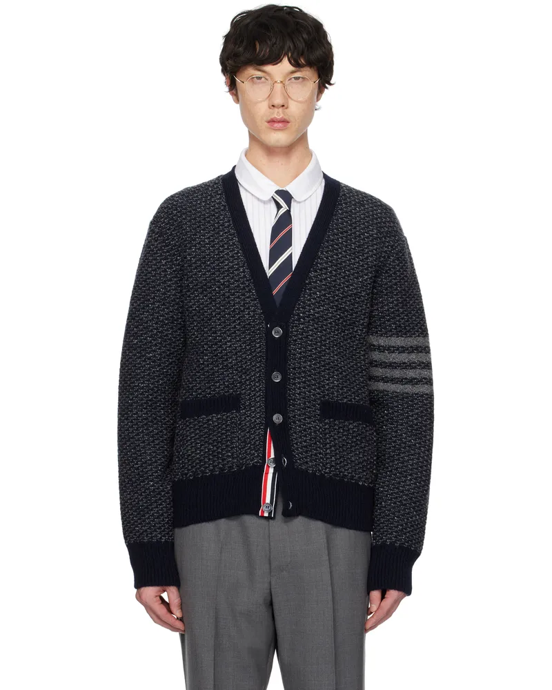 Thom Browne Navy Donegal 4-Bar Relaxed V Neck Cardigan 415