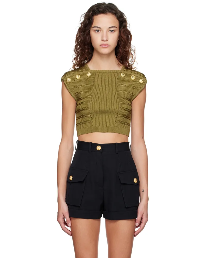Balmain Khaki Cropped T-Shirt 7ch