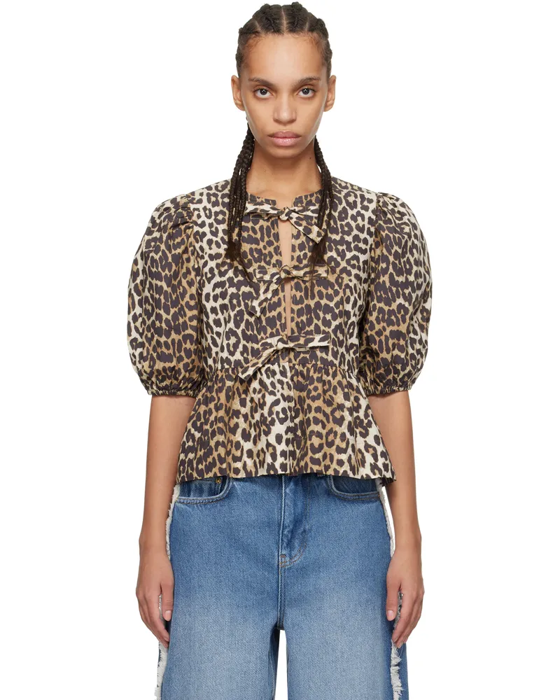 Ganni Brown Cotton Poplin Peplum Tie Blouse 943