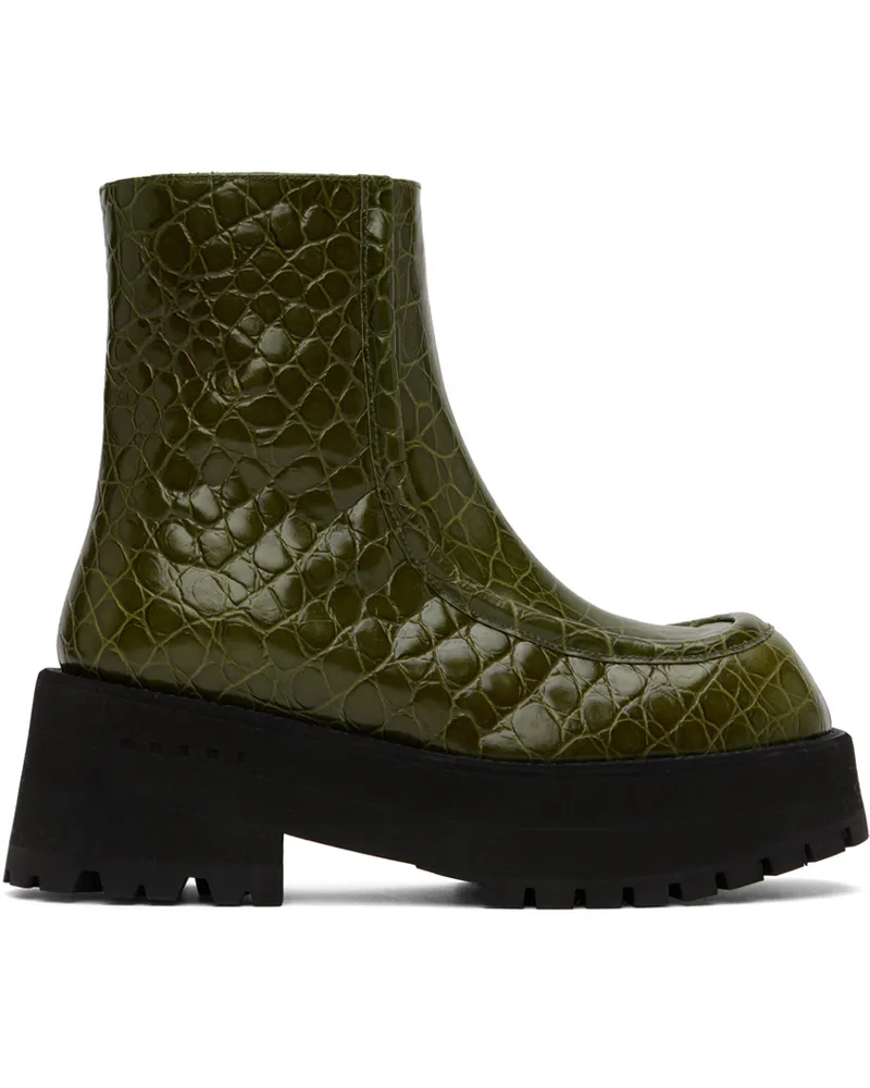 Marni Green Croc-Embossed Platform Ankle Boots 00v88