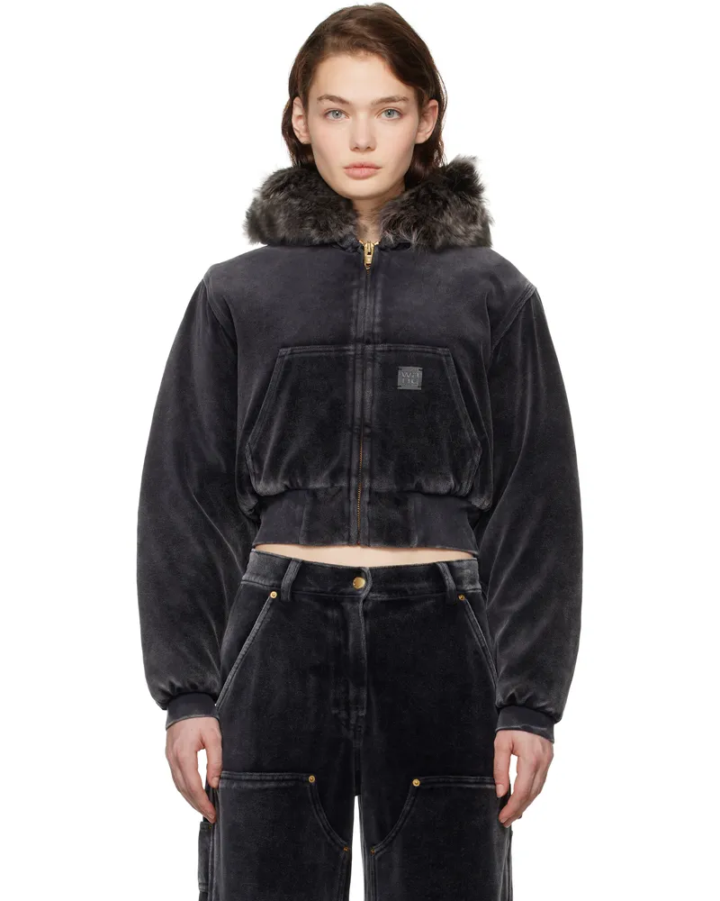 Alexander Wang Black Velour Workwear Shearling Trim Jacket 066a