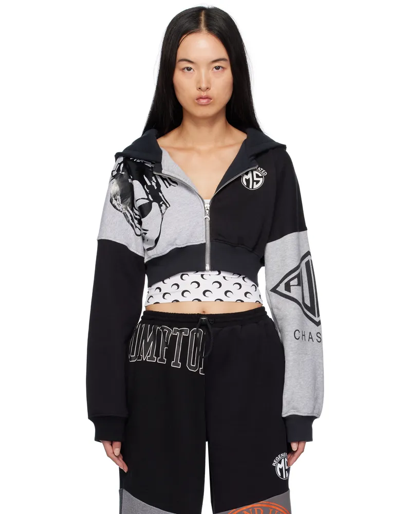 Marine Serre Black & Gray Upcycled Graphic Cropped Zipped Hoodie Gr95