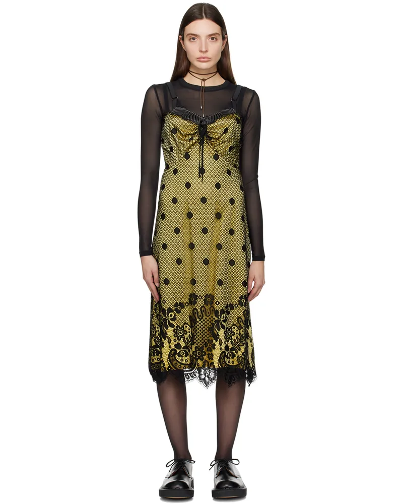 Anna Sui Yellow & Black Washed Midi Dress Canary