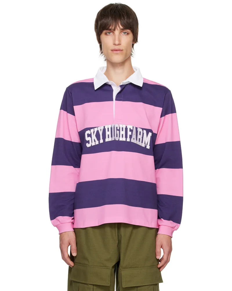 Sky High Farm Workwear Pink & Purple 'SHF' Rugby Polo Pink