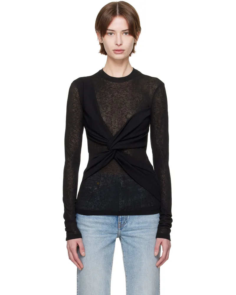 Nanushka Black Izolda Draped Mesh Jersey T-shirt Blk