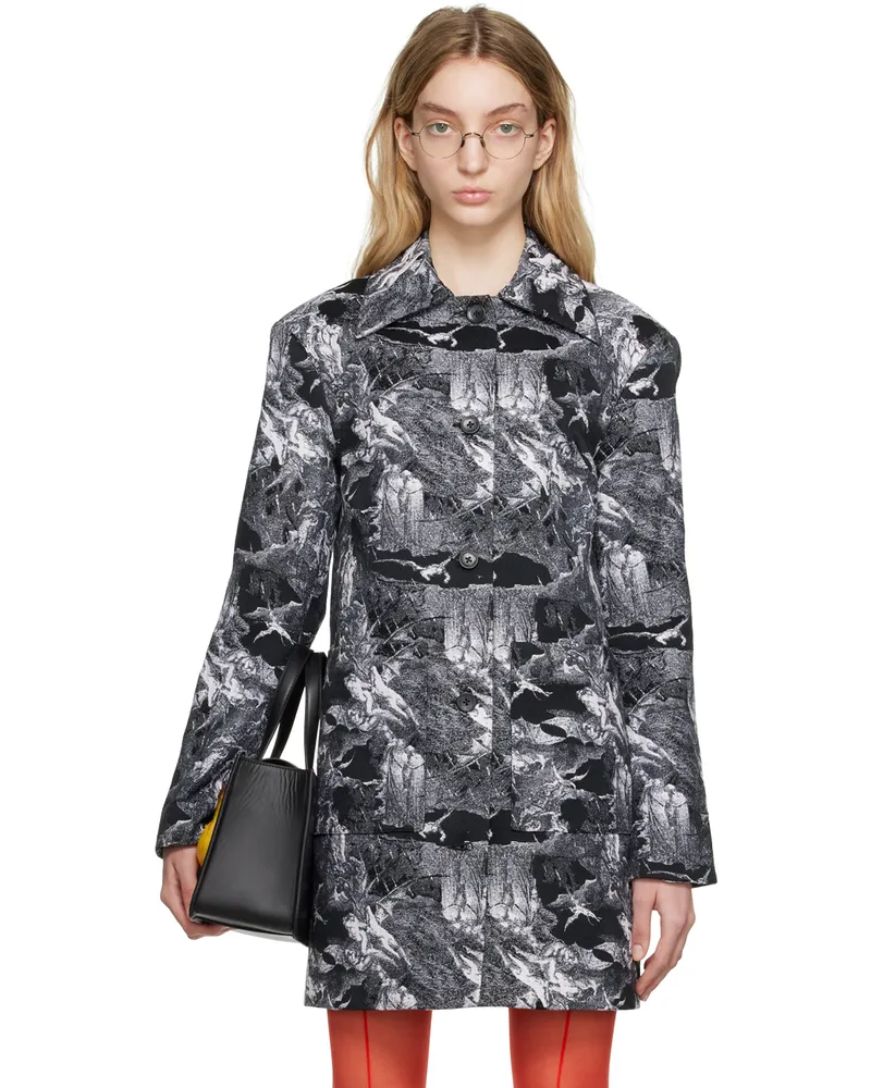 Puppets and Puppets Black & White Jacquard Coat Black