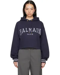 Balmain Navy Vichy Detail Cropped Hoodie Smn