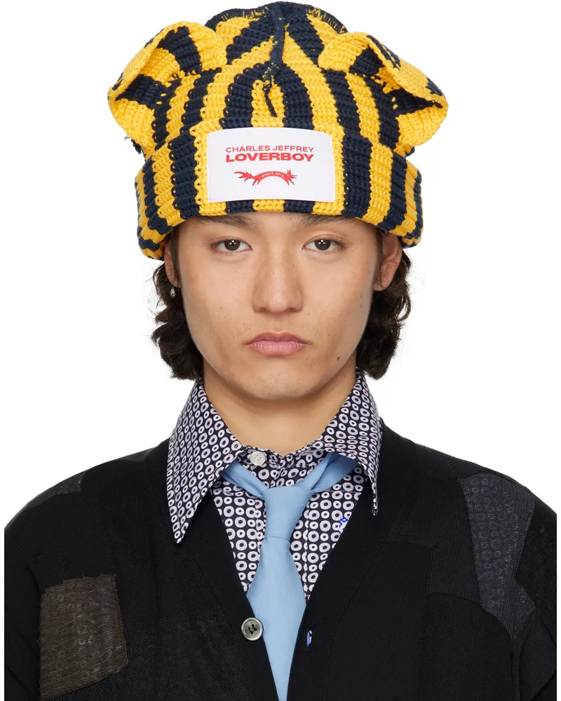 Charles Jeffrey Loverboy Yellow & Navy Chunky Ears Beanie Yellow