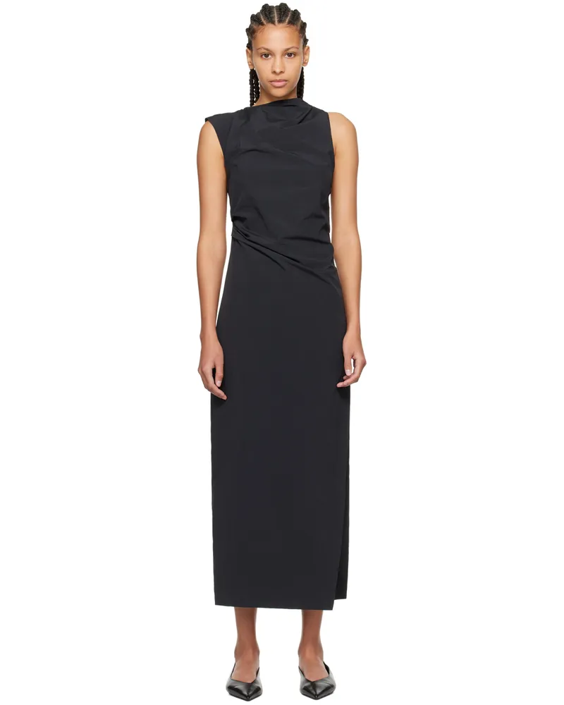 St. Agni Black Asymmetric Neck Midi Dress Black