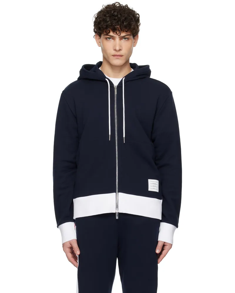Thom Browne Navy Classic 4-Bar Jersey Zip-Up Hoodie 415