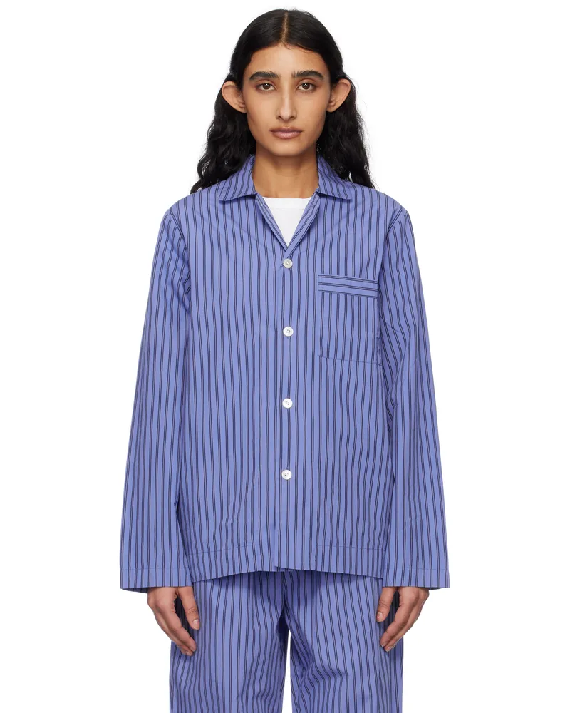 TEKLA Blue & Black Poplin Long-Sleeved Pyjama Shirt Boro