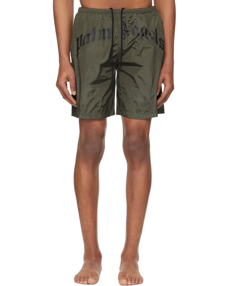 Palm Angels Khaki Curved Logo Swim Shorts Military