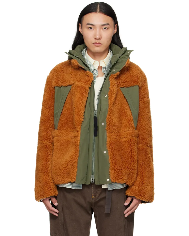 Sacai Orange & Khaki Fleece & Grosgrain Jacket 858