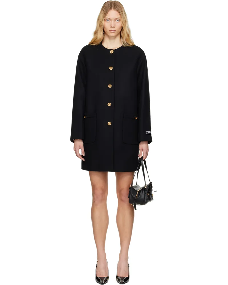 Versace Black Collarless Felted-Wool Long Coat 1b000-black