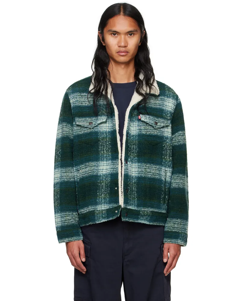 Levi's Levi Green Plaid Type III Sherpa Trucker Jacket Aquifer