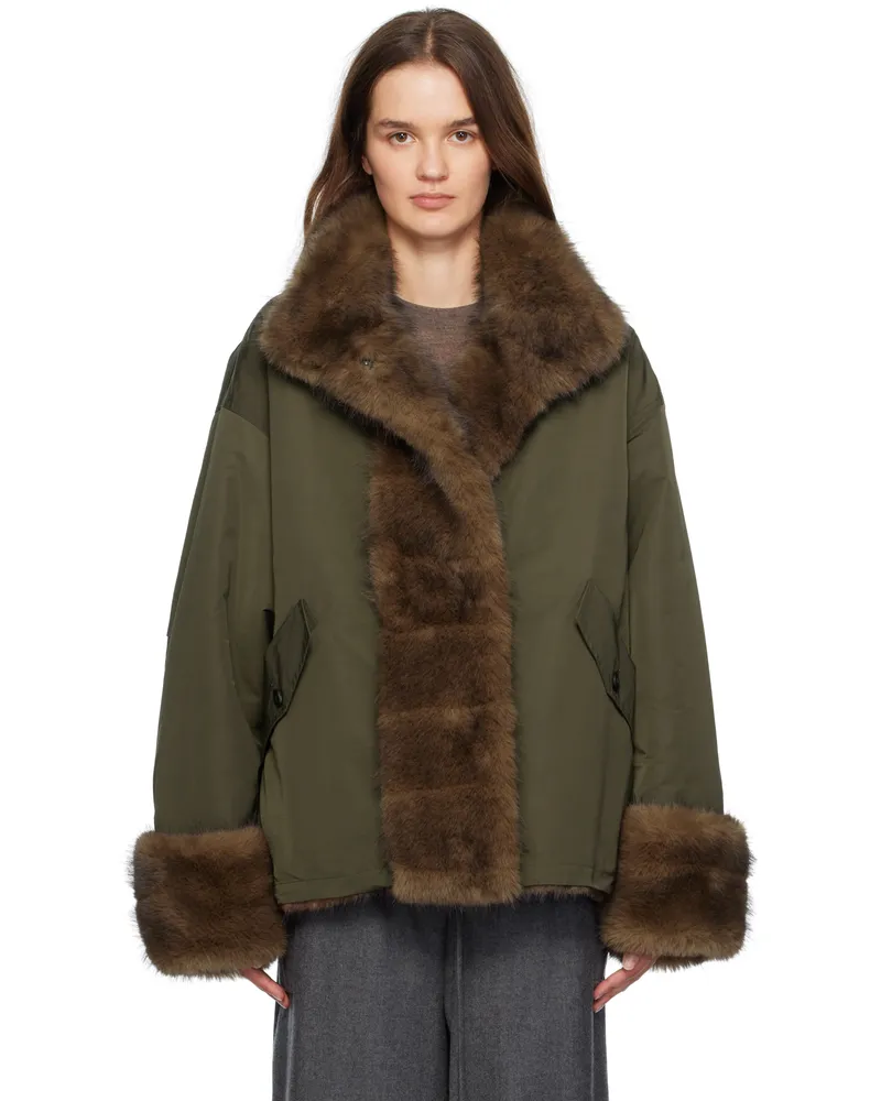 LE 17 SEPTEMBRE Khaki & Brown Horizontal Faux-Fur Jacket Khaki