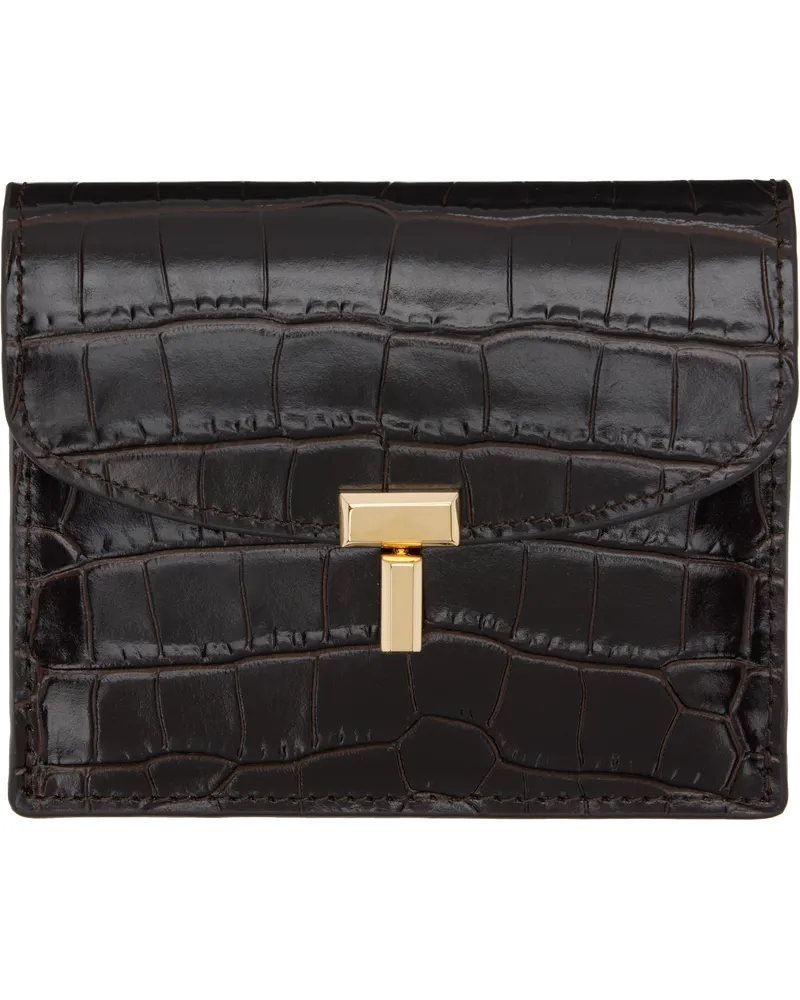 Totême Brown T-Lock Croco-Embossed Card Holder Dark