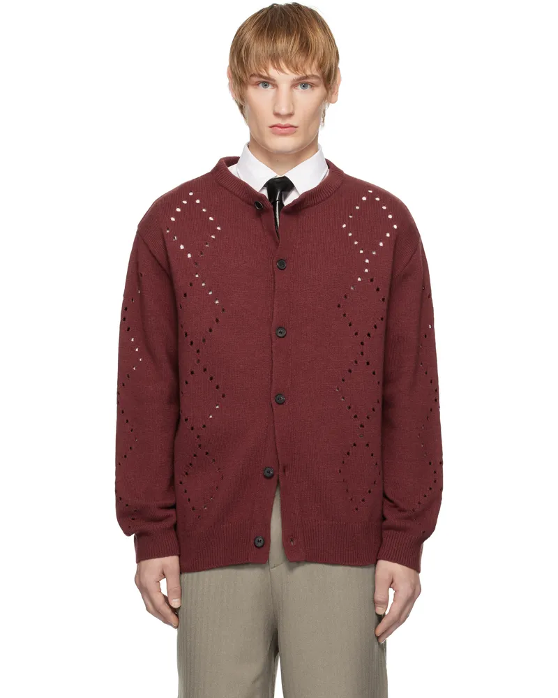 Youth Burgundy Argyle Punching Knit Cardigan Burgundy