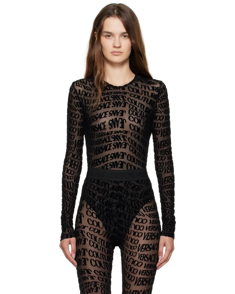 Versace Jeans Black Tulle Flock Liquify Bodysuit E899