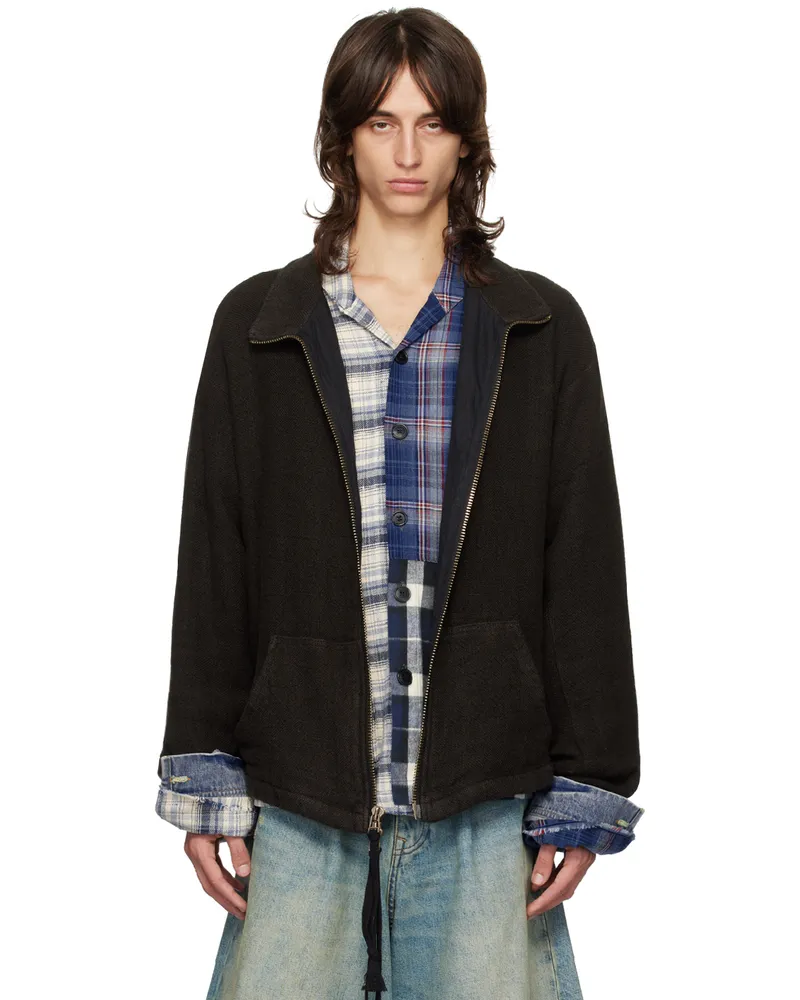 Greg Lauren Black Burlap Linen Zip Neck Jacket Black