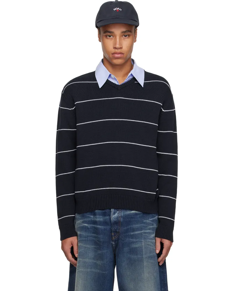 Noah NYC Navy Striped V-Neck Sweater Navy