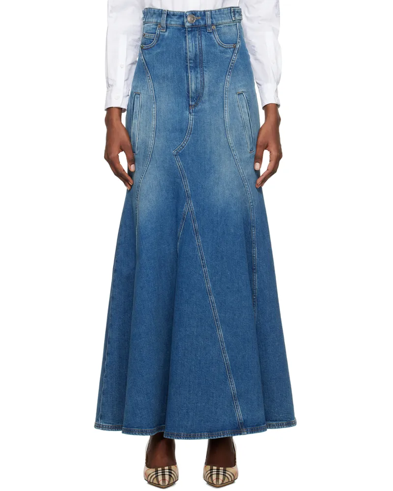 Burberry Blue Paneled Denim Maxi Skirt Deep